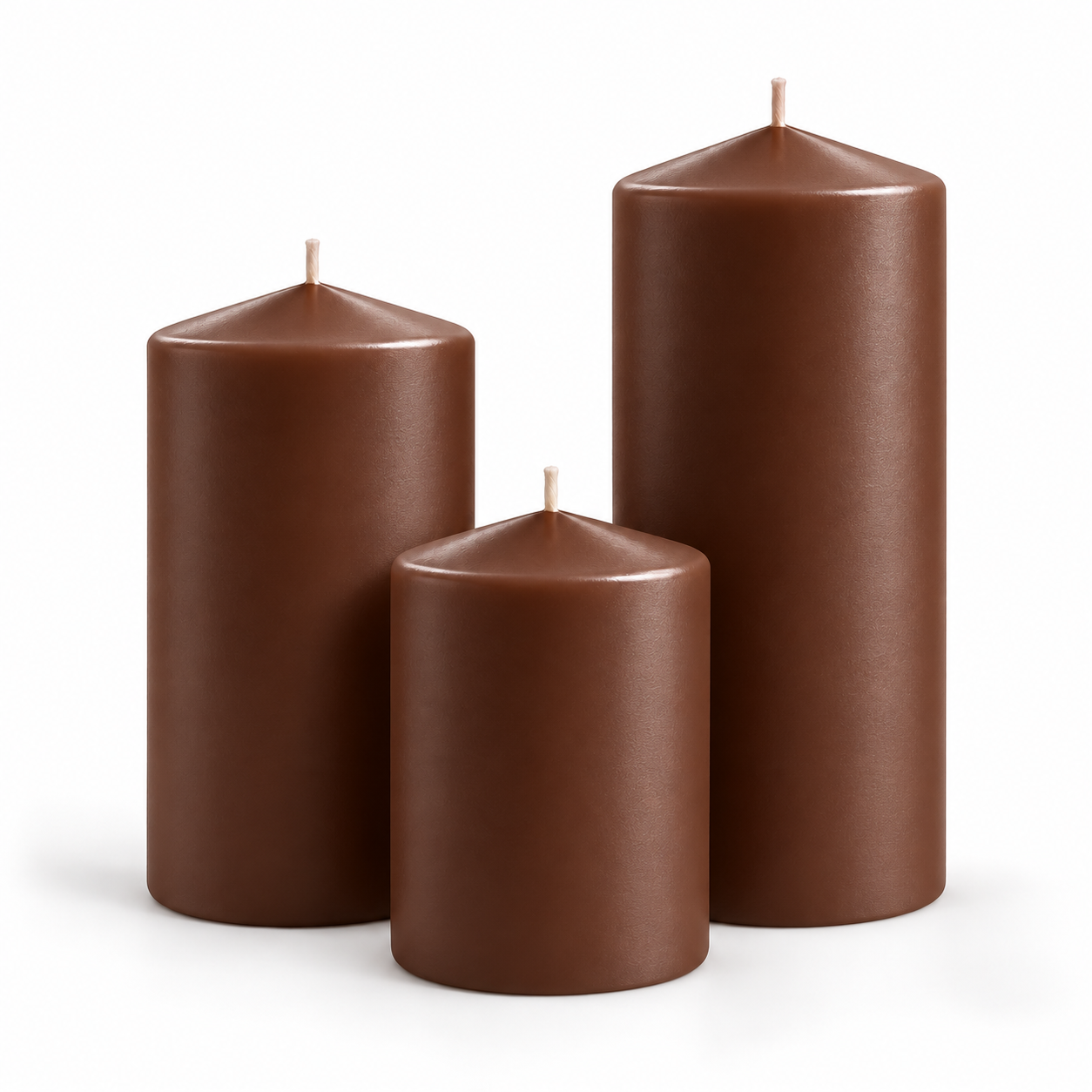 3’lü Kahverengi Mum Seti – 6 cm Çap, 10 / 15 / 20 cm Yükseklik