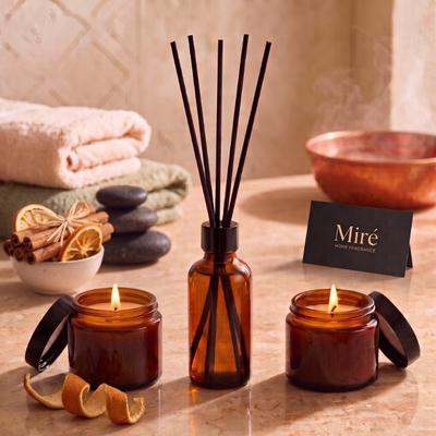 3 lü Koku ve Mum Seti Amber Seri Portakal Tarçın Kokulu 50 ml
