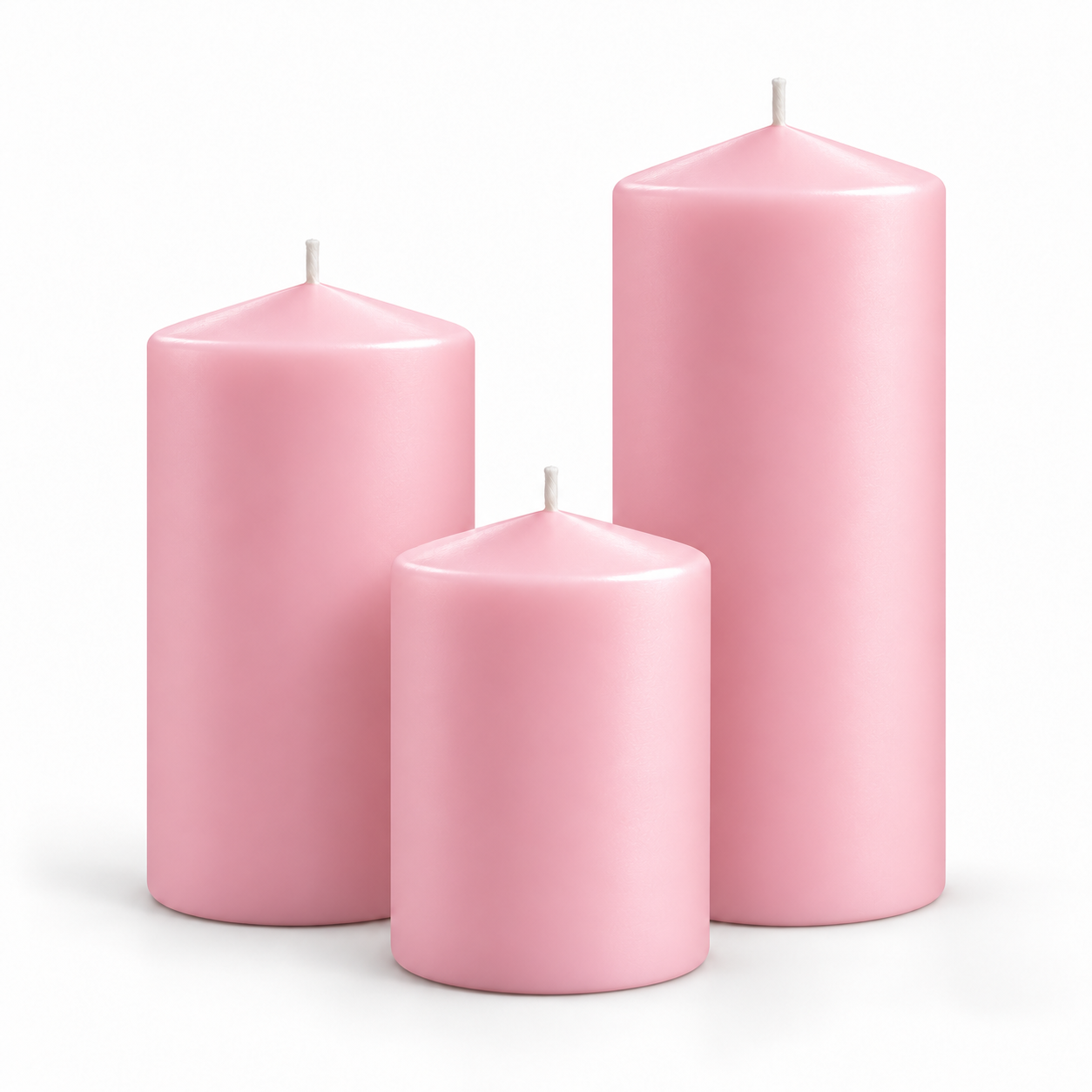 3’lü Pembe Mum Seti – 6 cm Çap, 10 / 15 / 20 cm Yükseklik