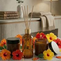 3 Lü Set Amber Çiçeği Kokulu Bambu Çubuklu Oda Kokusu ve Amber Çiçeği Kokulu Mumlar