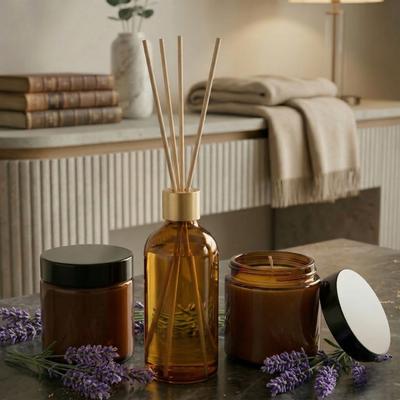 3 Lü Set Lavanta Kokulu Bambu Çubuklu Oda Kokusu ve Lavanta Kokulu Mumlar