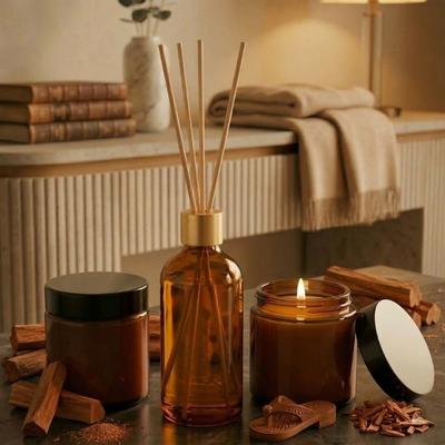 3 Lü Set Sandal Ağacı Kokulu Bambu Çubuklu Oda Kokusu ve Sandal Ağacı Kokulu Mumlar