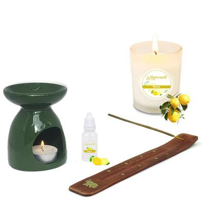 Limon Kokulu Set Yeşil Buhurdanlık Tütsü ve Mum