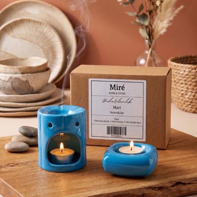 Mire Home Mavi Seramik Buhurdanlık ve Mumluk Seti