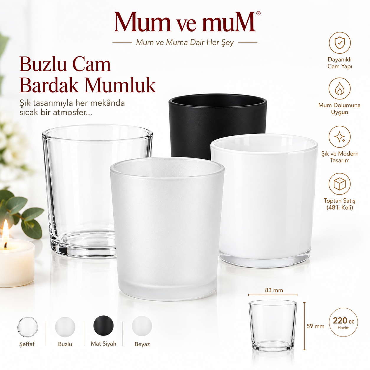 Toptan 48 Adet Nova 240 Cam Bardak – Mum Yapımına Uygun 380 cc
