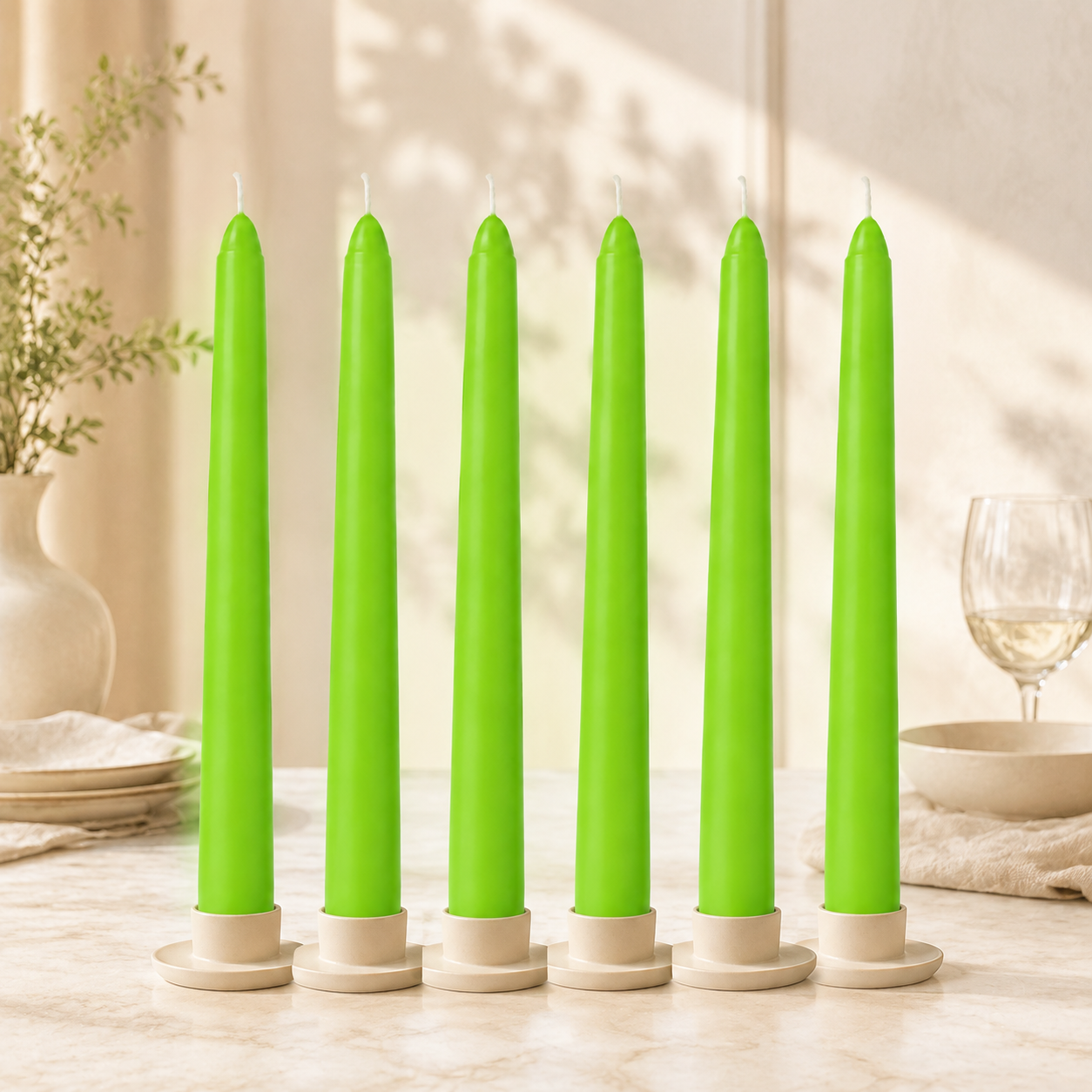 Prime Serisi 6'lı Fosfor Yeşili Konik Şamdan Mum 18 cm