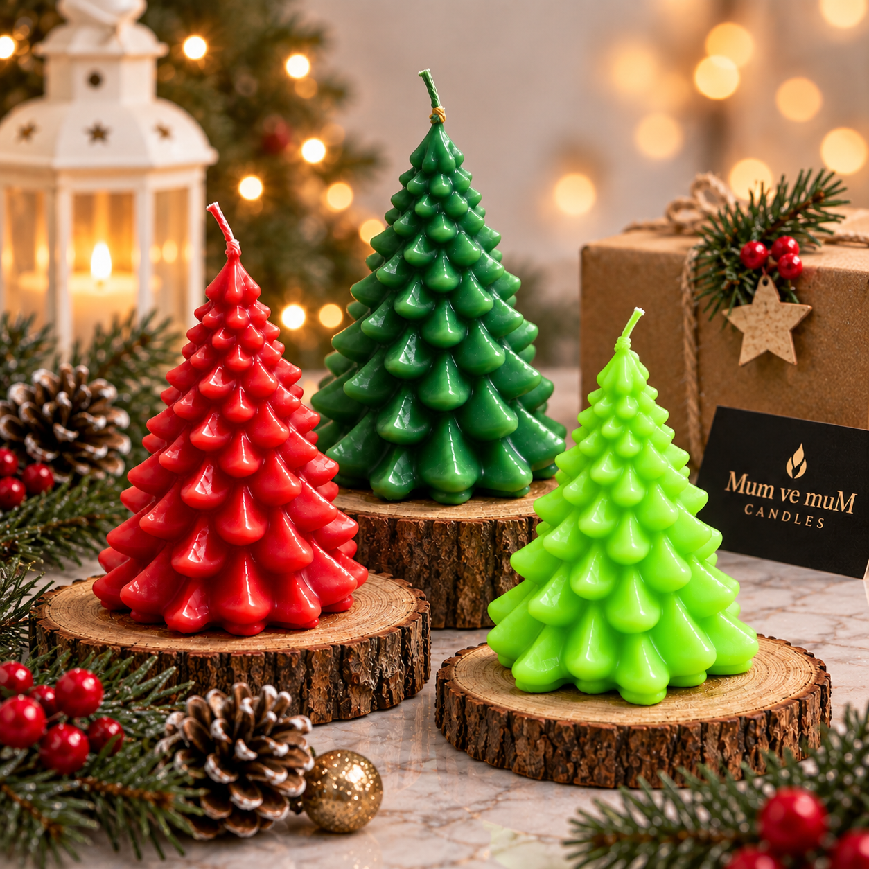 Toptan 24 Adet Büyük Boy Çam Ağacı Yılbaşı Mumu 8 × 9 cm